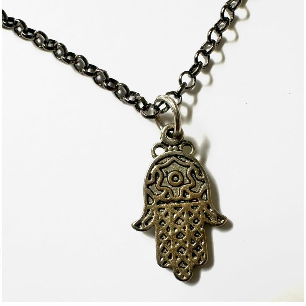 Silver tone hand of Fatima pendant necklace